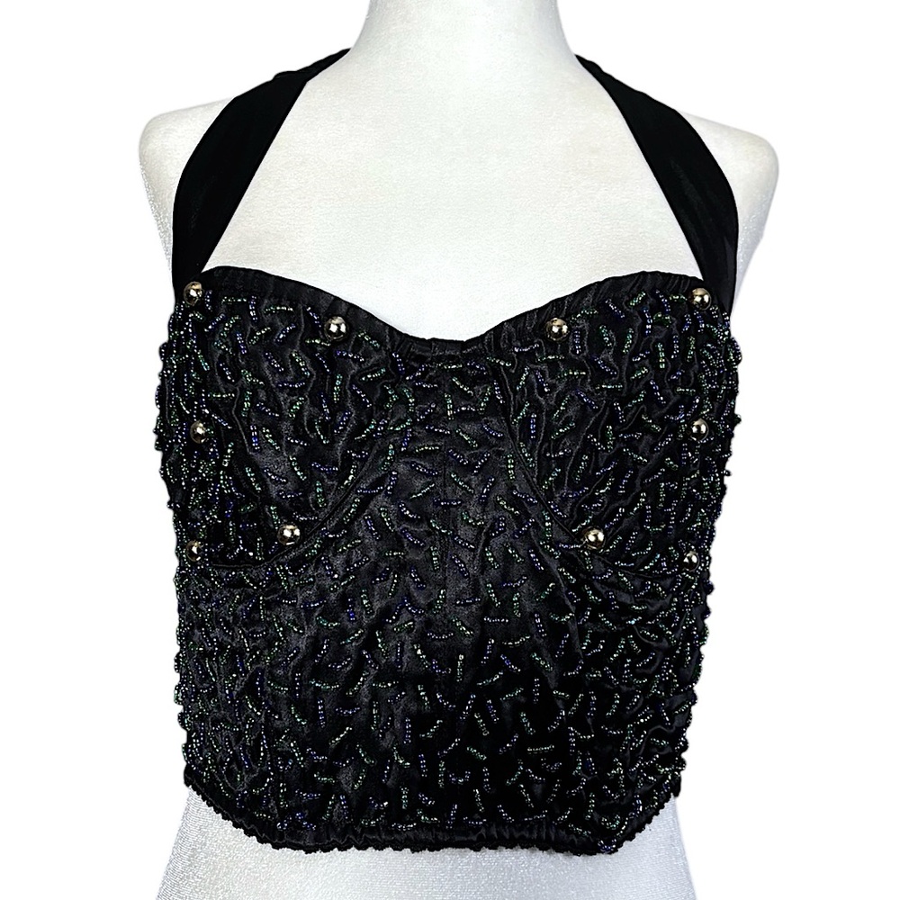 Vintage Victoria’s Secret Gold Label Beaded Cropped Bustier Corset Halter Top L